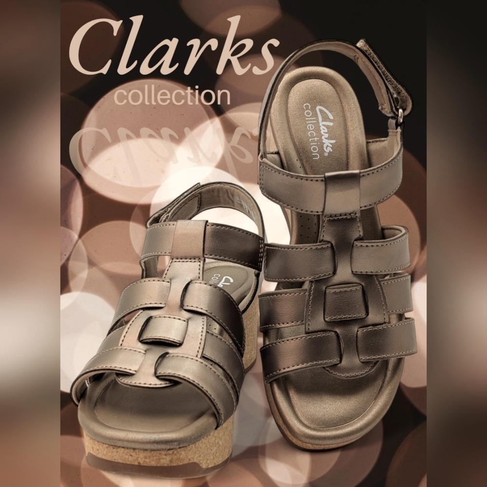 Clarks Collection Jane Leather Wedges Chelseah Peak Sandals Pewter Women Size 8M